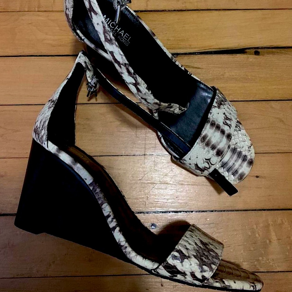 MK snakeskin wedges.